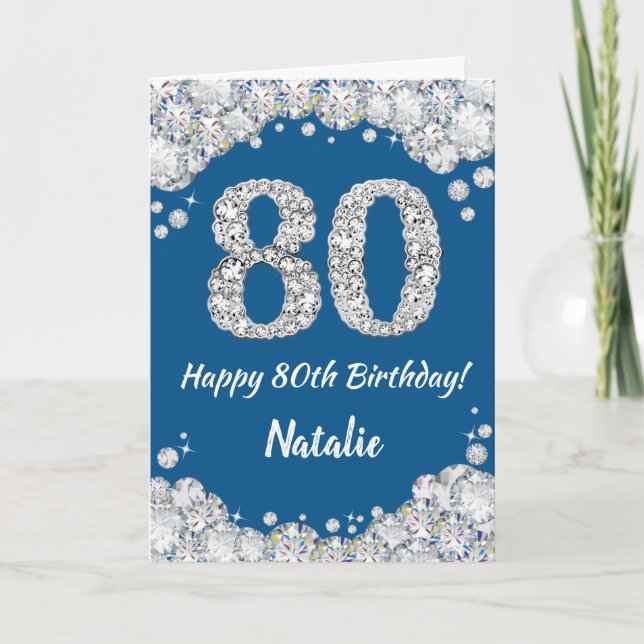 Happy 80th Birthday Blue and Silver Glitter Card (Front)