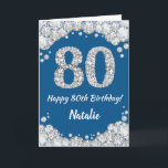 Happy 80th Birthday Blue and Silver Glitter Card<br><div class="desc">Happy 80th Birthday Blue and Silver Glitter Card with personalised name. For further customisation,  please click the "Customise it" button and use our design tool to modify this template.</div>