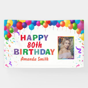 Happy 80th Birthday Colorful Balloons White Banner