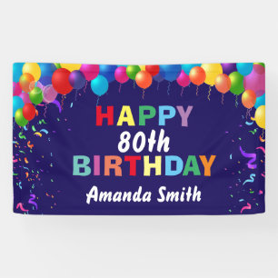 Happy 80th Birthday Colourful Balloons Navy Blue Banner