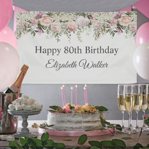 Happy 80th Birthday Feminine Pink Roses Floral Banner