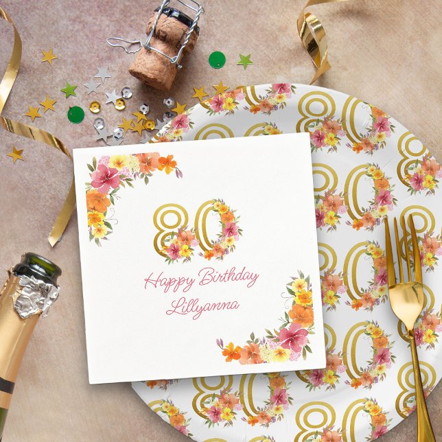Happy 80th Birthday Floral Gold Number 80 Party Napkin (80th Birthday Party Napkins from my Floral Number Birthday Party Collection)