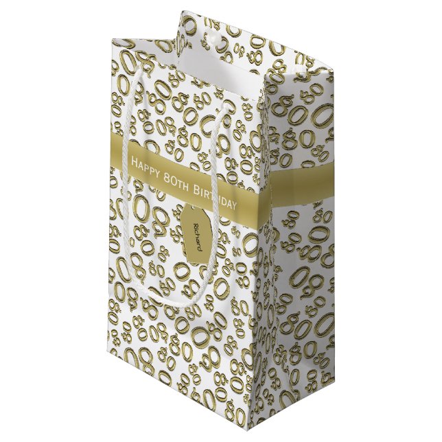 Happy 80th Birthday Gold and White Number Pattern Small Gift Bag (Front Angled)