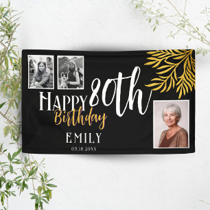 Happy 80th Birthday Gold Foliage 3 Photo Backdrop Banner