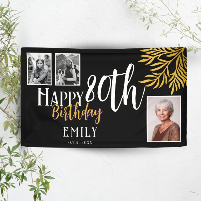 Happy 80th Birthday Gold Foliage 3 Photo Backdrop Banner (Creator Uploaded)