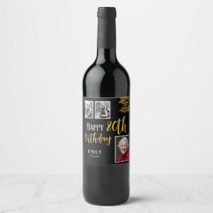 Happy 80th Birthday Gold Foliage 3 Photo Wine Label