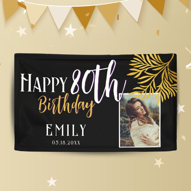 Happy 80th Birthday Gold Foliage Photo Backdrop Banner (Creator Uploaded)