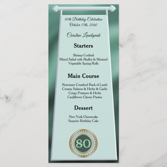 Happy 80th Birthday Green Glitter Foil Menu (Front)
