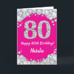 Happy 80th Birthday Hot Pink and Silver Glitter Card<br><div class="desc">Happy 80th Birthday Hot Pink and Silver Glitter Card with personalised name. For further customisation,  please click the "Customise it" button and use our design tool to modify this template.</div>