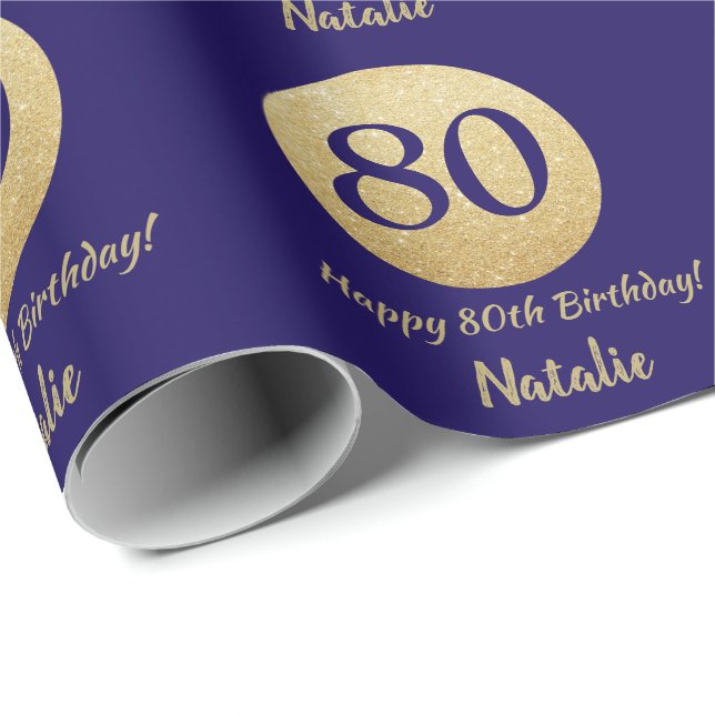 Happy 80th Birthday Navy Blue and Gold Glitter Wrapping Paper (Roll Corner)