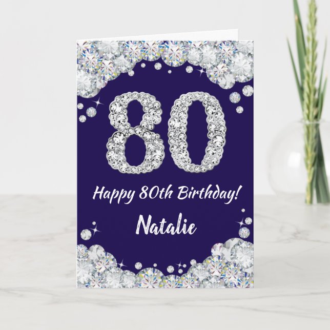 Happy 80th Birthday Navy Blue and Silver Glitter Card (Front)