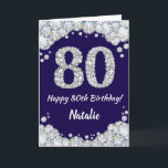 Happy 80th Birthday Navy Blue and Silver Glitter Card<br><div class="desc">Happy 80th Birthday Navy Blue and Silver Glitter Card with personalised name. For further customisation,  please click the "Customise it" button and use our design tool to modify this template.</div>