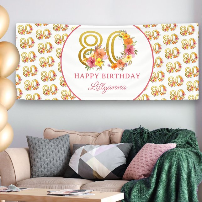 Happy 80th Birthday Party Floral Gold Number 80 Banner (80th Birthday Banner from my Floral Number Birthday Party Collection)