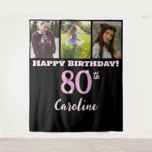 Happy 80th Birthday Party, Pink Glitter & 3 photos Tapestry