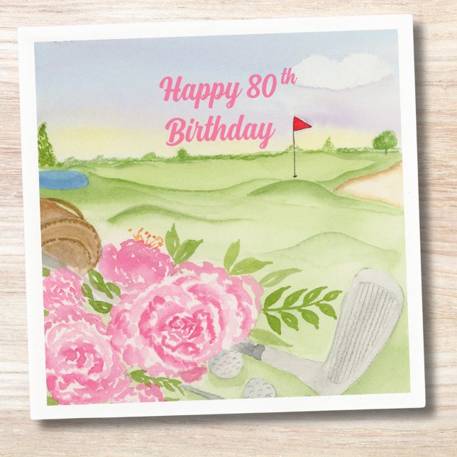 Happy 80th Birthday Peonies On Golf Course Napkin (Creator Uploaded)