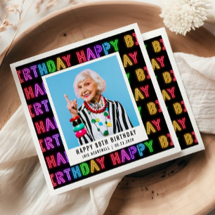 Happy 80th Birthday Photo Rainbow Neon Napkins