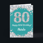 Happy 80th Birthday Teal and Silver Glitter Card<br><div class="desc">Happy 80th Birthday Teal Turquoise Aqua and Silver Glitter Card with personalised name. For further customisation,  please click the "Customise it" button and use our design tool to modify this template.</div>