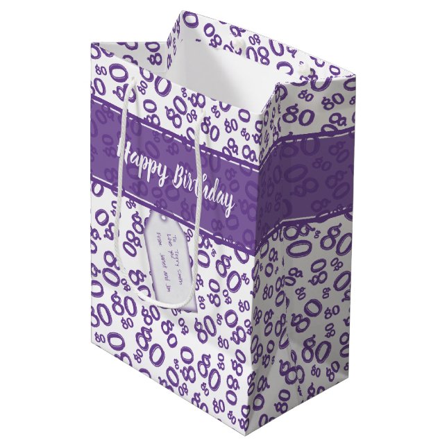 Happy 80th Purple/White Random Number Pattern Medium Gift Bag (Front Angled)