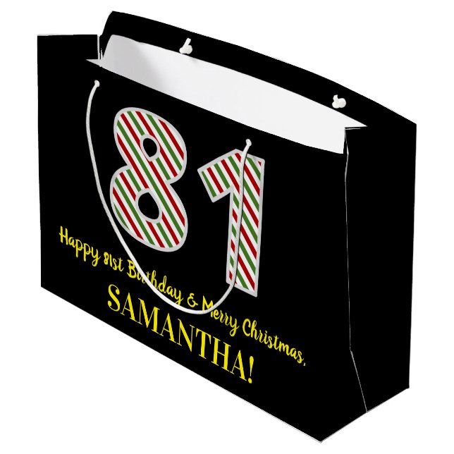 Happy 81st Birthday & Merry Christmas, Custom Name Large Gift Bag (Back Angled)
