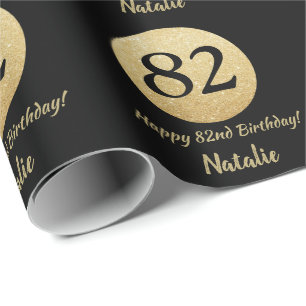 Happy 82nd Birthday Black and Gold Glitter Wrapping Paper