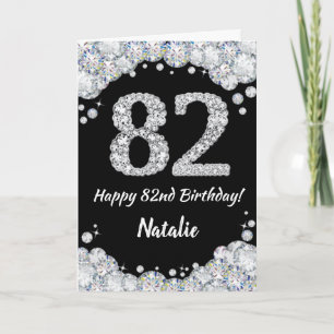 Happy 82nd Birthday Black and Silver Glitter Card