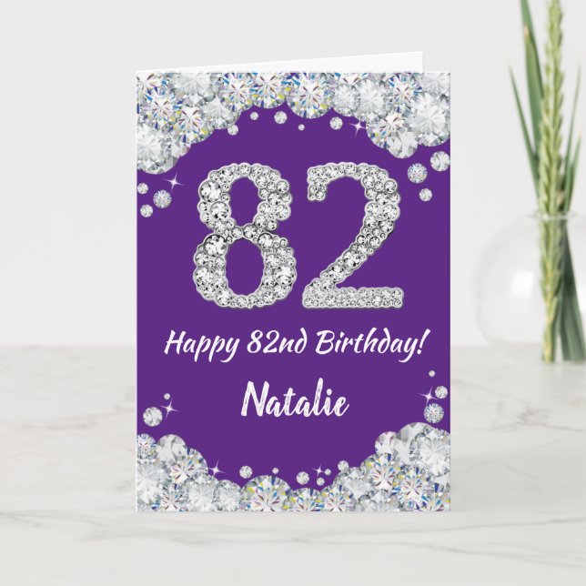 Happy 82nd Birthday Purple and Silver Glitter Card (Front)