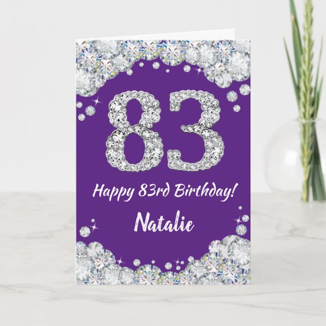 Happy 83rd Birthday Purple and Silver Glitter Card (Front)