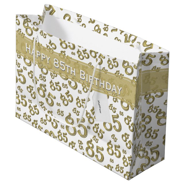 Happy 85th Birthday Gold and White Number Pattern Large Gift Bag (Front Angled)