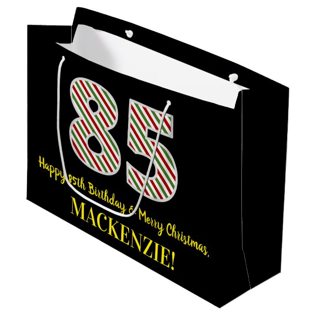 Happy 85th Birthday & Merry Christmas, Custom Name Large Gift Bag (Front Angled)