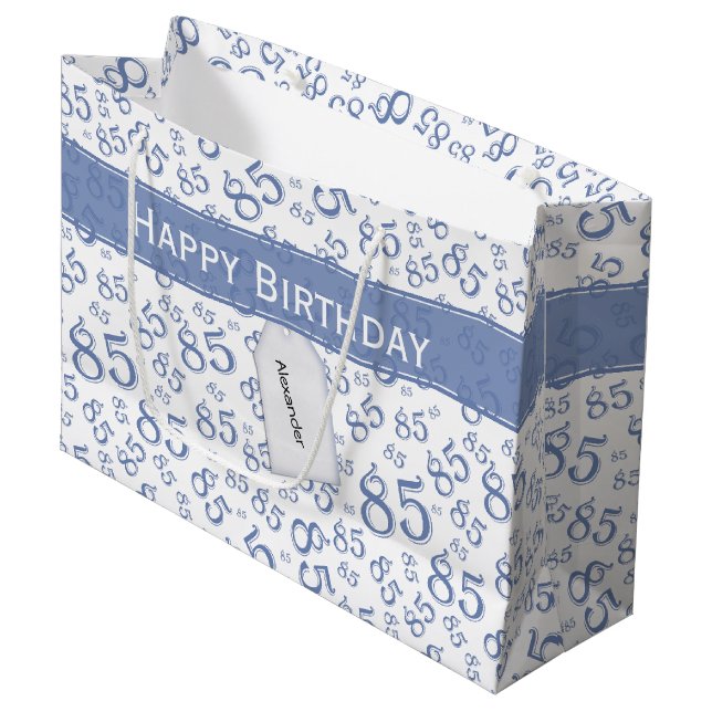 Happy 85th Birthday Number Pattern Blue/White Large Gift Bag (Front Angled)