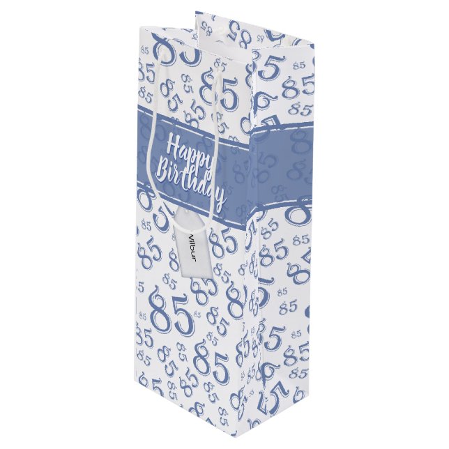 Happy 85th Birthday Number Pattern Blue/White Wine Gift Bag (Front Angled)