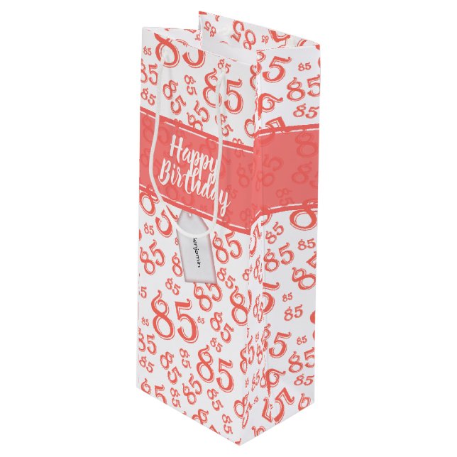 Happy 85th Birthday Number Pattern Coral/White Wine Gift Bag (Front Angled)