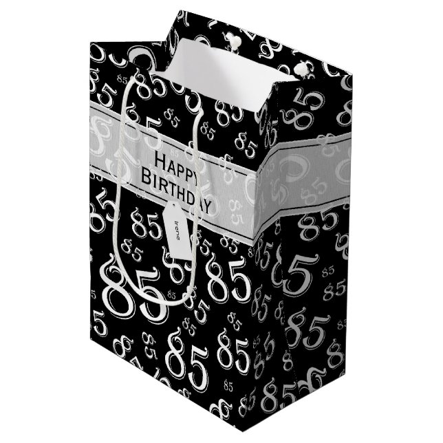 Happy 85th Birthday Party Theme Black and White Medium Gift Bag (Front Angled)