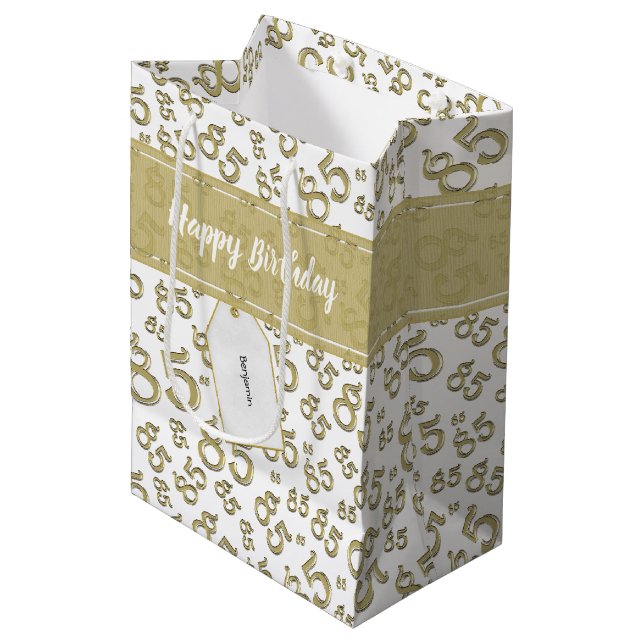 Happy 85th Random Number Pattern Gold/White Medium Gift Bag (Front Angled)