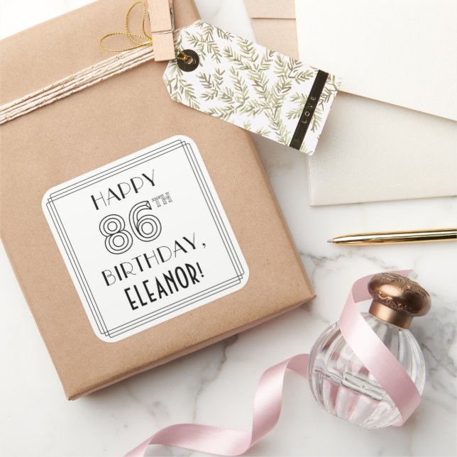HAPPY 86TH BIRTHDAY, Art Deco Style, Custom Name Square Sticker (Gifting)
