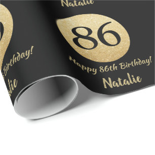Happy 86th Birthday Black and Gold Glitter Wrapping Paper