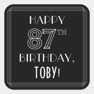 HAPPY 87TH BIRTHDAY; Art Deco Style; Custom Name Square Sticker