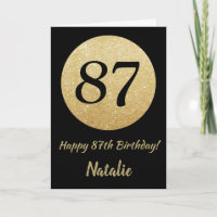 Happy 87th Birthday Black and Gold Glitter Card