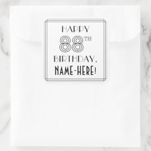 HAPPY 88TH BIRTHDAY, Art Deco Style, Custom Name Square Sticker