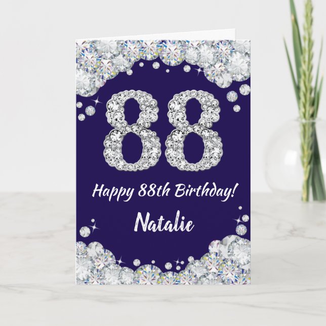 Happy 88th Birthday Navy Blue and Silver Glitter Card (Front)