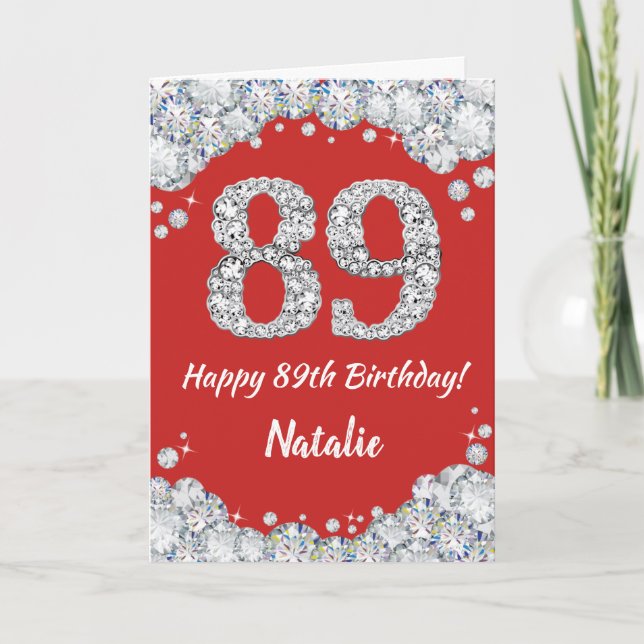 Happy 89th Birthday Red and Silver Glitter Card (Front)