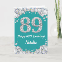 Happy 89th Birthday Teal and Silver Glitter Card
