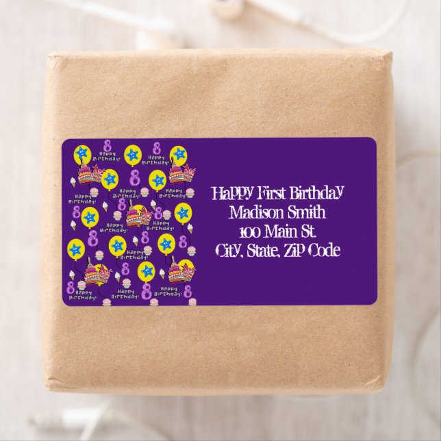 Happy 8th Birthday Address Labels, Purple (Insitu)