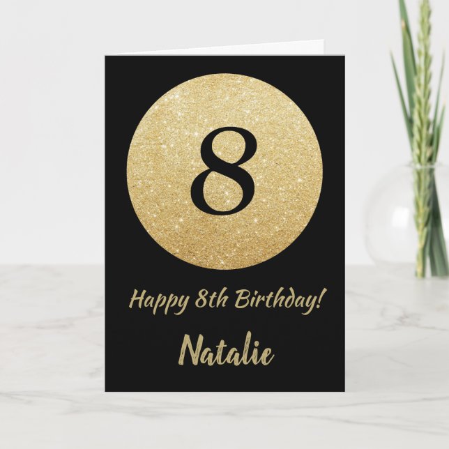 Happy 8th Birthday Black and Gold Glitter Card (Front)