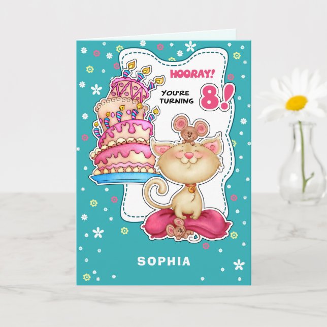 Happy 8th Birthday. Custom Name Fun Kitty and Mice Card (Small Plant)