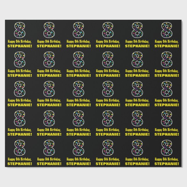Happy 8th Birthday, Fun Colourful Stars Pattern 8 Wrapping Paper (Flat)