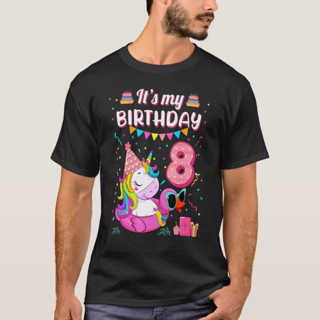 Happy 8th Birthday Girl Unicorn Duck Float Summer  T-Shirt (Front)