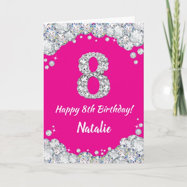 Happy 8th Birthday Hot Pink and Silver Glitter Card (Front)