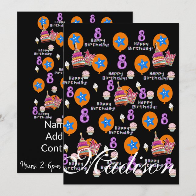 Happy 8th Birthday Invitation Birthday #8 Black (Front/Back)