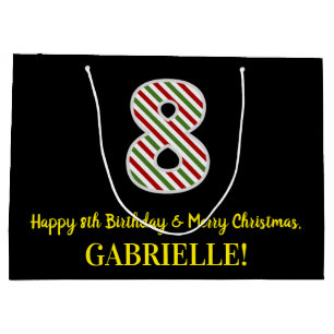 Happy 8th Birthday & Merry Christmas, Custom Name Large Gift Bag